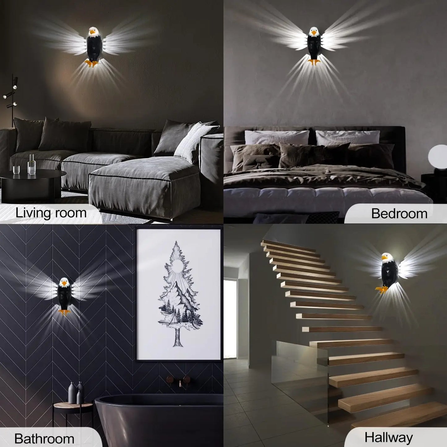 Bald Eagle Wall Light, Wall Mounted Eagle Lamp for Bedroom, Living Room, Hallway, Battery Operated Eagle Light