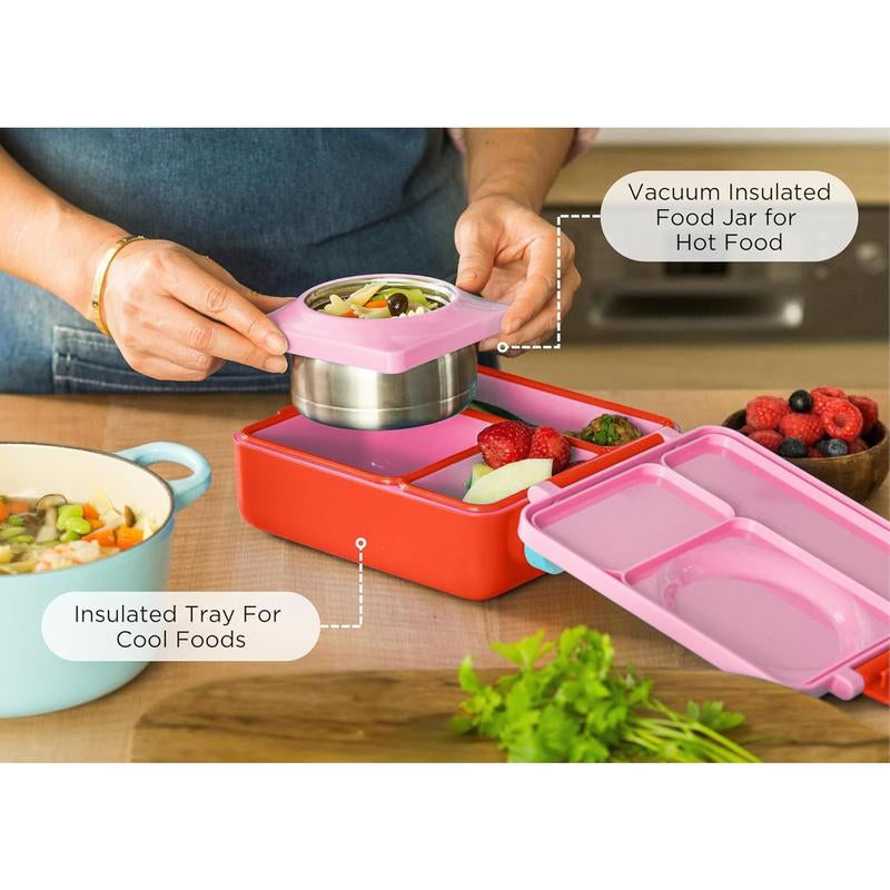 Stylish Insulated Lunch Box for Kids - Leak Proof Thermos Food Jar with 3 Compartments and Two Temperature Zones